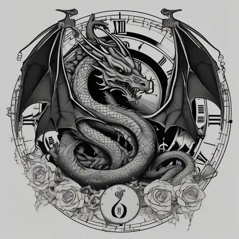 blackwork style Ideas para Tatuajes de Relojes en 2025 & Generar gratis about Dark dragon tattoo with clock and dollars and cancer zodiac sign on background hello kitty tattoo